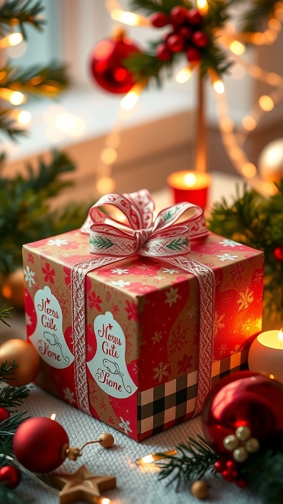 A festive Christmas gift box with decorations, symbolizing unique gift ideas for a boyfriend.